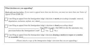 What Decision Are You Appealing Text Box on Form EOIR-26